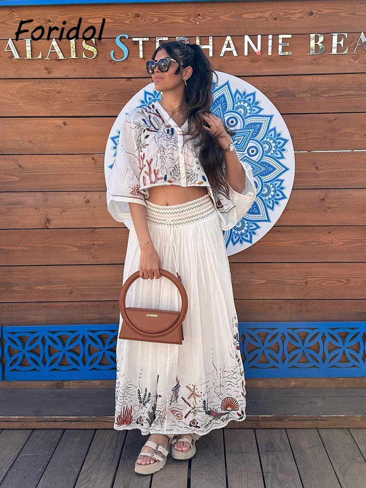 Embroidery Skirt - Foridol gaun rumbai putih katun Set