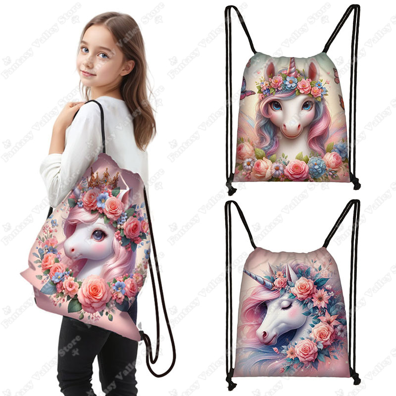 Embroidery Unicorn - Tas penyimpanan motif bunga Unicorn, kantung