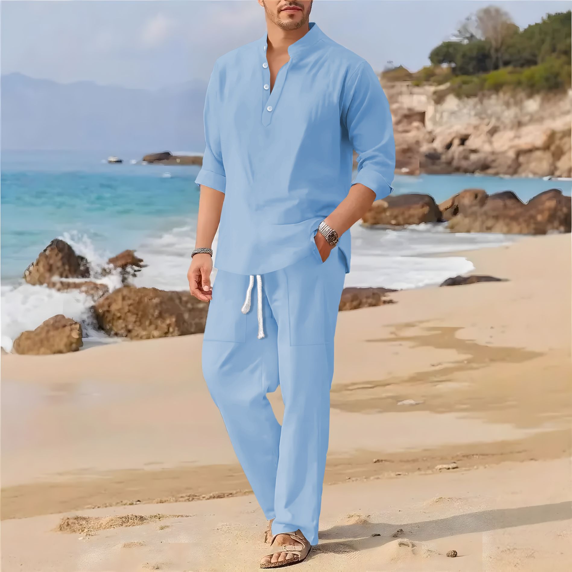 Setelan kasual pria berkerah t - Linen Fabric Natural ulasan dan harga